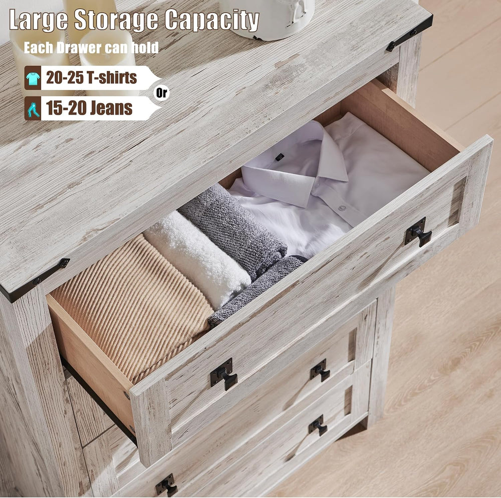 T4TREAM 48" Farmhouse 5-Drawer Dresser for Bedroom, Antique Brush White