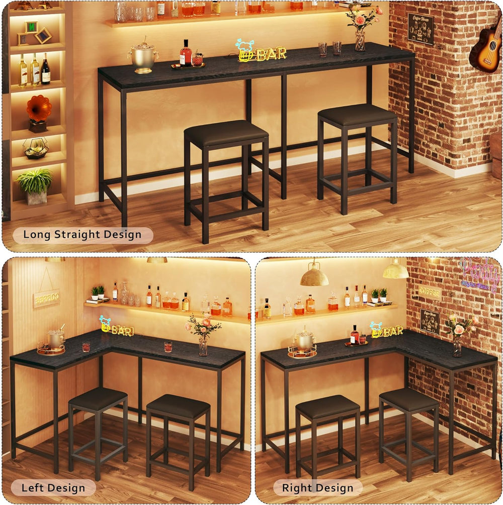 HUAHUU Bar Table and Chairs Set for 2-4, 63'' Convertible L-Shaped Ki...