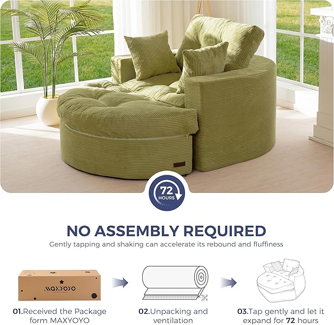 MAXYOYO Modular Sectional Chaise Lounge Sofa, Round Upholstered Lounge Chair with Ottoman, Comfy Couch with Layered Cushion, Tufted Sleeper Chair for Living Room, No Assembly, Green