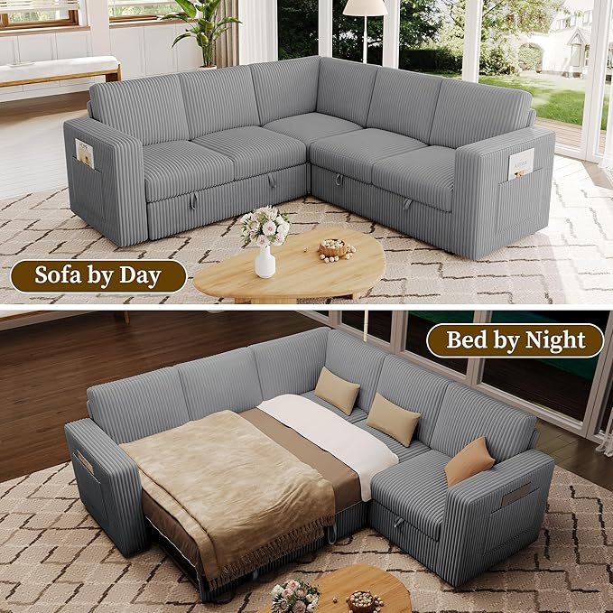 83.5" Sectional Sleeper Sofa with Pull Out Couch, Modern 5 Seat L Shaped Modular Couch, Sectionals Modular Sofa with Storage, Comfy Corduroy Couches Sectional for Living Room & Apartment, Gray