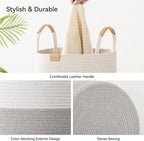 62L Striped Laundry Hamper with Leather Handles,Large Foldable Laundry Basket for Clothes,Cotton Rope Storage Bin for Blankets,Woven Clothes Basket for Bedroom,Gray Stripes