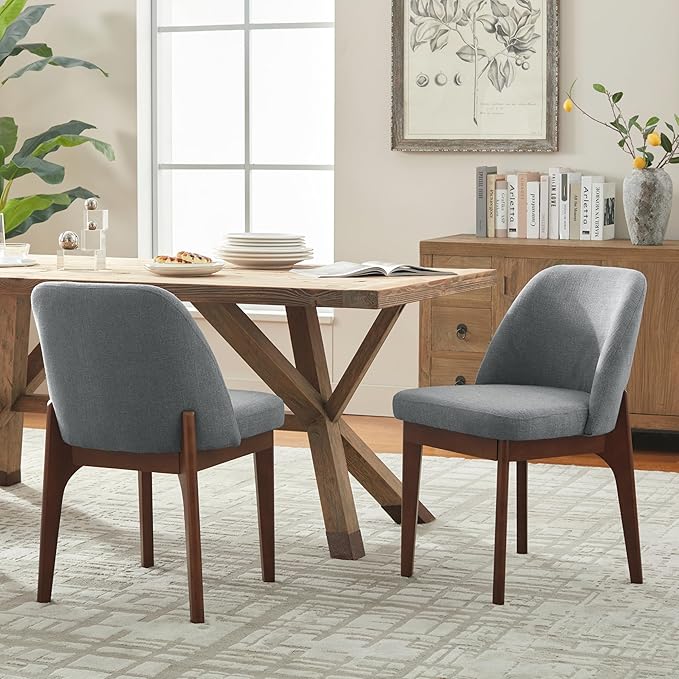 VKNOW Wooden Dining Chairs Set of 2, Upholstered Dining Room Chairs with Rubberwood Legs and Padded Seats, Kitchen Chairs for Restaurant Kitchen Living Room, Grey