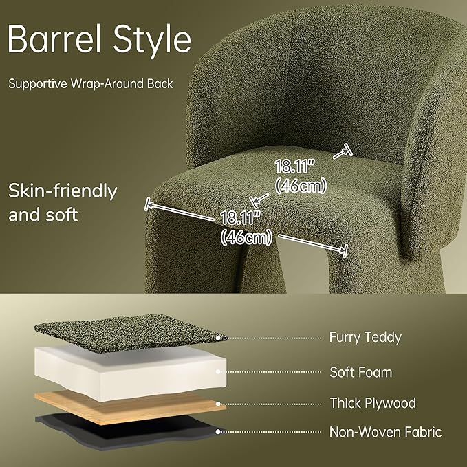 NORDICANA Barrel Dining Room Chairs with Arms, Faux Fur Accent Chairs Set of 2, for Kitchen, Living Room, Upholstered Armchairs, Green