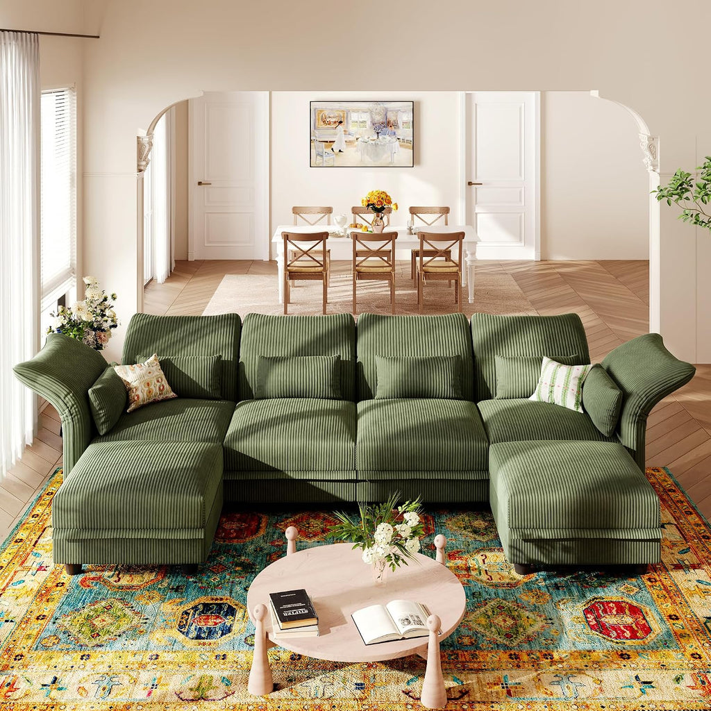 LLappuil U Shaped Sectional Sofa with Storage, 6 Seat Green Corduroy | Adjustable Backrests & Arms, Extra Deep Seat Cushions, OEKO-TEX Certified Fabric, Solid Wood Frame + 35D Foam