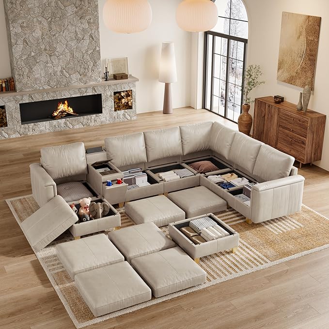 SITJOY 132" Faux Leather Modular Sectional Sofa with Storage, Mid Century Modern Sectional Couches for Living Room, 8 Seat V Shaped Couch with Ottoman and Console Table, Hidden Cupholders, Greige