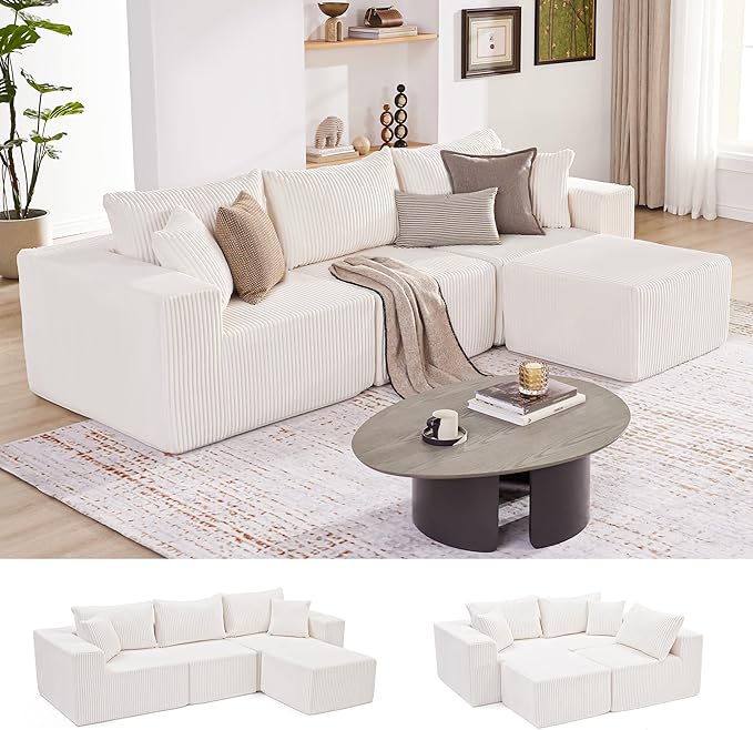 107.4" Cloud Couch Sectional, Modular Sofa with Deep Seat, Plush Corduroy L Shaped Boneless Couch, Convertible Sectional Couches for Living Room, 4Seat, Beige