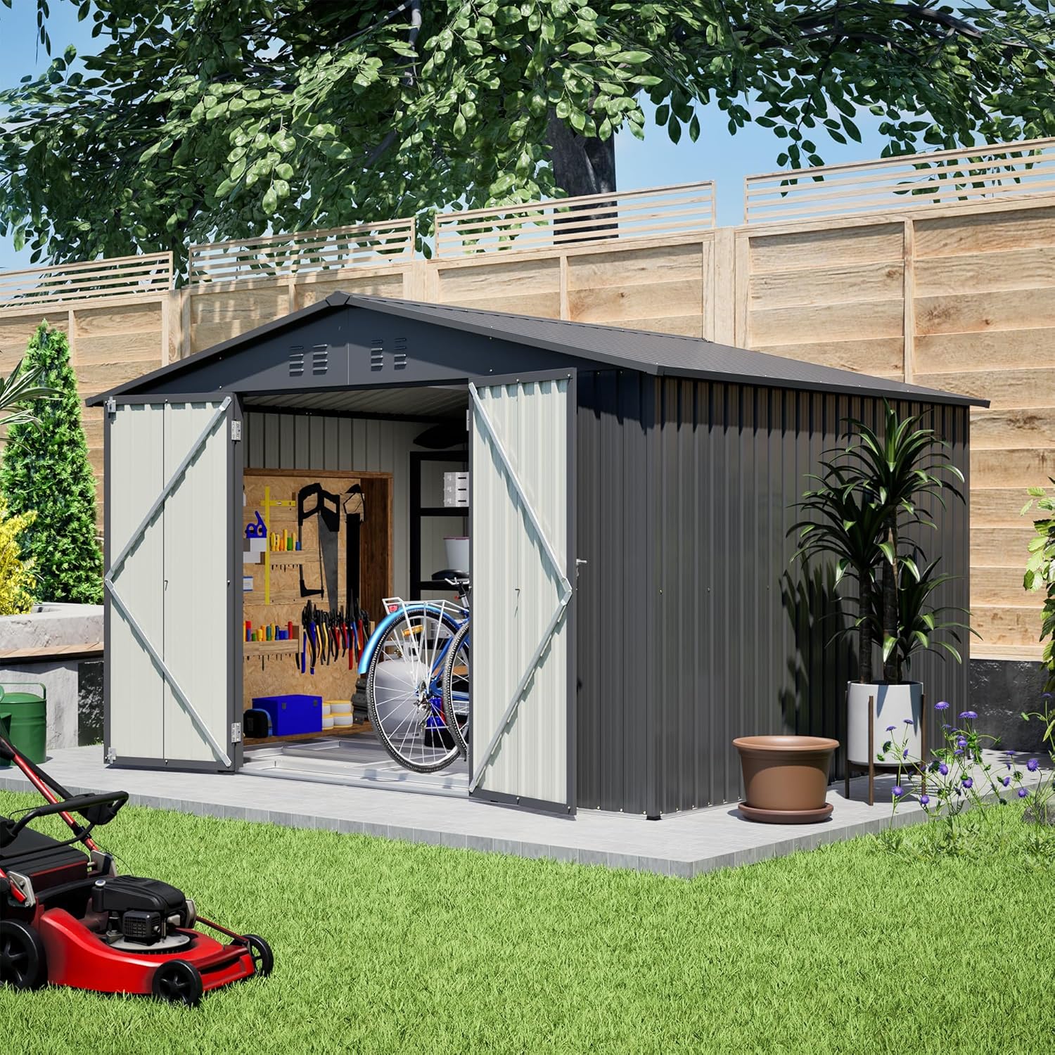 10x8 FT Outdoor Storage Shed with Floor Frame Structure and Lockable Doors, Durable and Sturdy Meta Sheds with Waterproof Roof Garden Tool Shed Ideal for Backyard Patio (Black