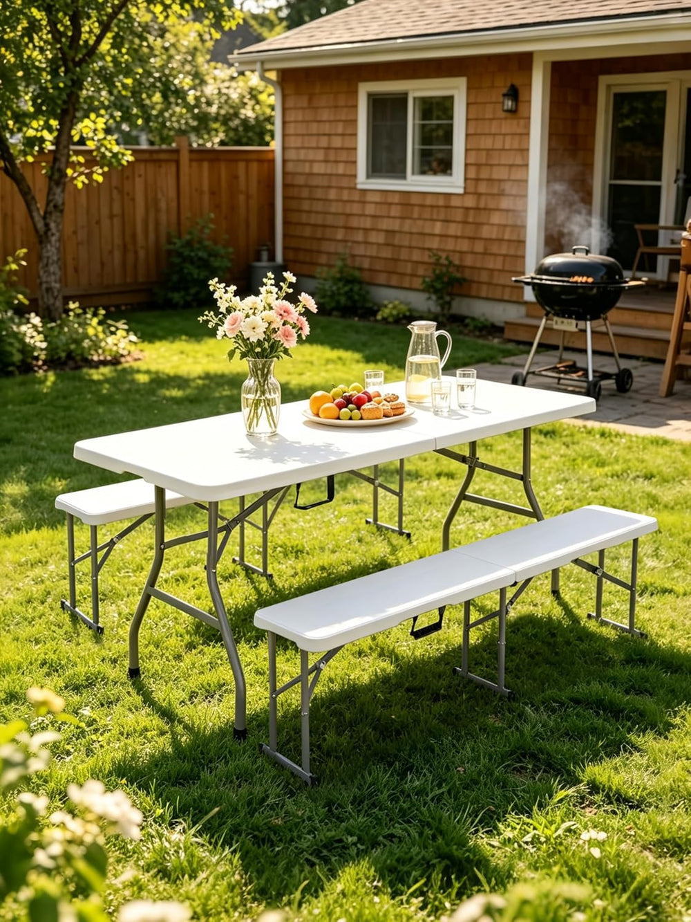6Ft Folding Table, Heavy Duty Fold-in-Half Portable Plastic White | HDPE port...