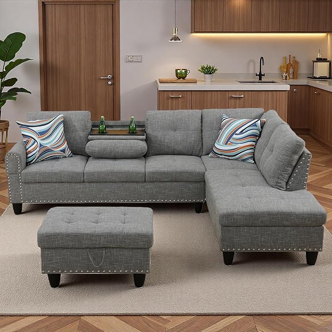 Sectional Couches for Living Room with Movable Chaise & Storage Ottoman - 97.5" Linen L Shaped Couches for Living Room Apartment, Home Modular Sectional Sofas with Cup Holder, Grey