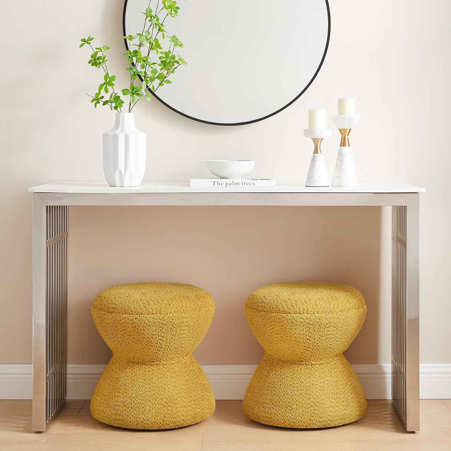 VANOMi Multi-Functional Boucle Ottoman, Set of 2, Vanity Stool Chair, Sturdy Wooden Footstool, Suitable for Living Room, Bedroom, and Entryway, Without Installation, Yellow