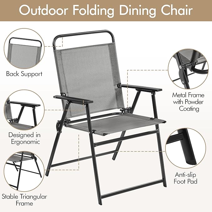 Yaheetech Outdoor Patio Chairs Set of 4, Folding Patio Chairs with Metal Frame, Armrests, Portable Dining Chairs for Camping, Lawn, Garden and Porch, Gray