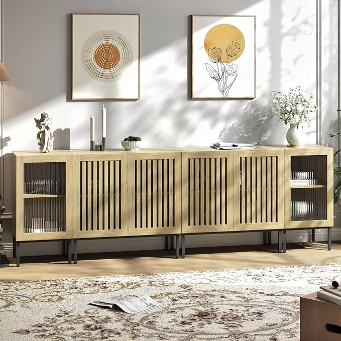 Modern TV Stand for TVs up to 100 Inch, Entertainment Center TV Console with Storage Cabinets and Glass Doors,Media Console for Living Room,Oak