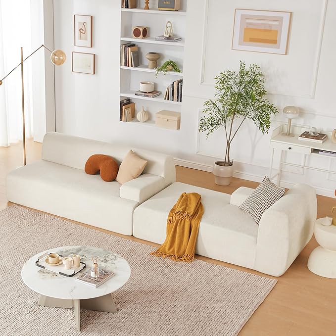 107" Modular Sectional Cloud Couch, Boneless couches Sponge sectionals for Living Room, High Density Sponges Sofa, Modular L-Shape with Chaise, Beige