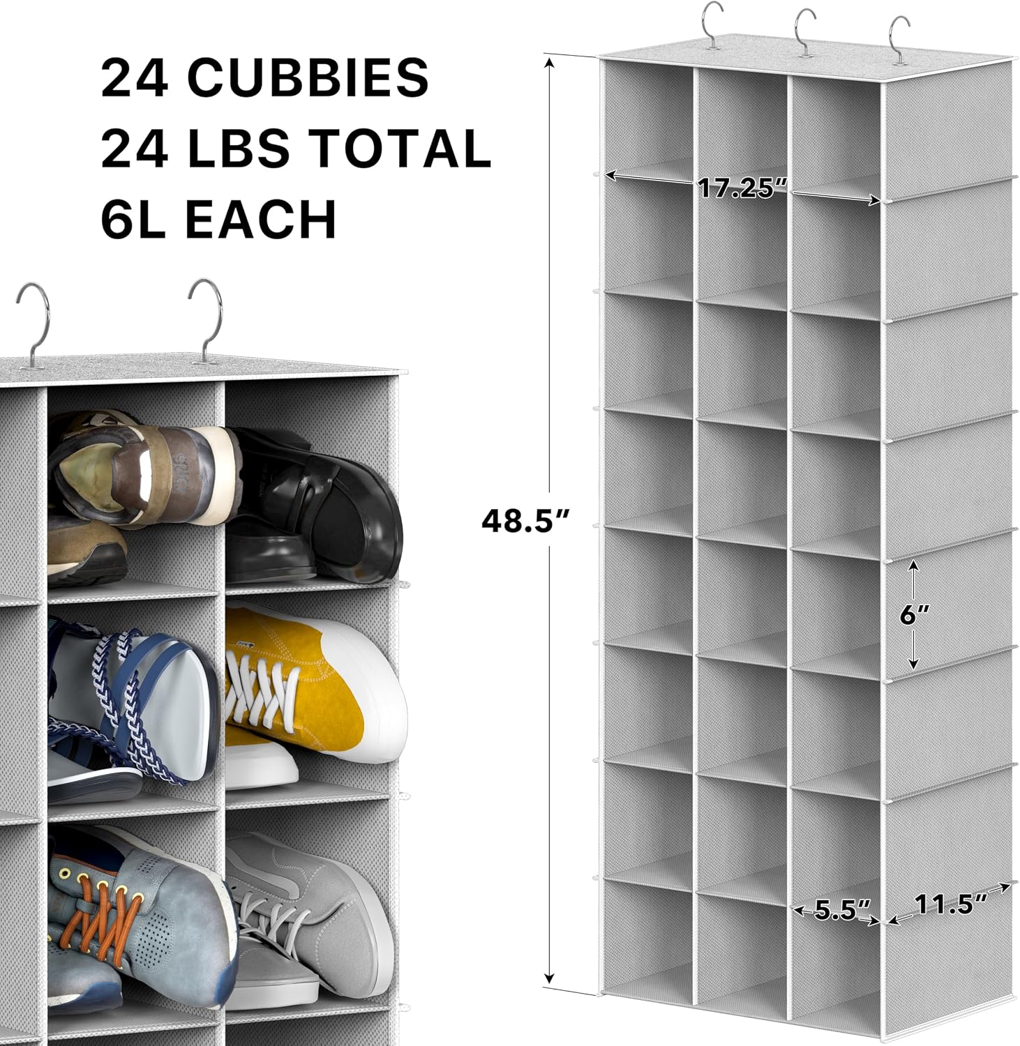 Simple Houseware 24 Section Shelves Hanging Shoes Organizer, Gray | 3 Metal Hooks, 8 Tier, Holds Up to 24 lbs