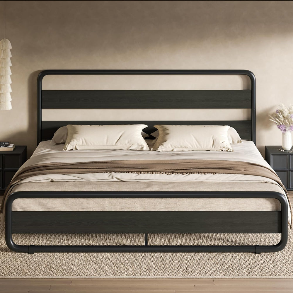 SHA CERLIN King Size Metal Bed Frame with Wooden Headboard, Black