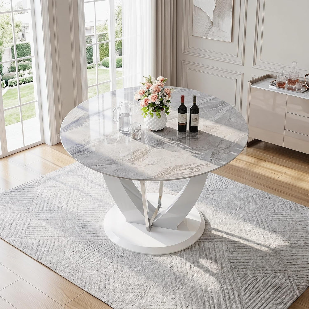 Modern 5 Piece Round Dining Table Set for 4, 47.2" Gray Faux Marble Kitc...