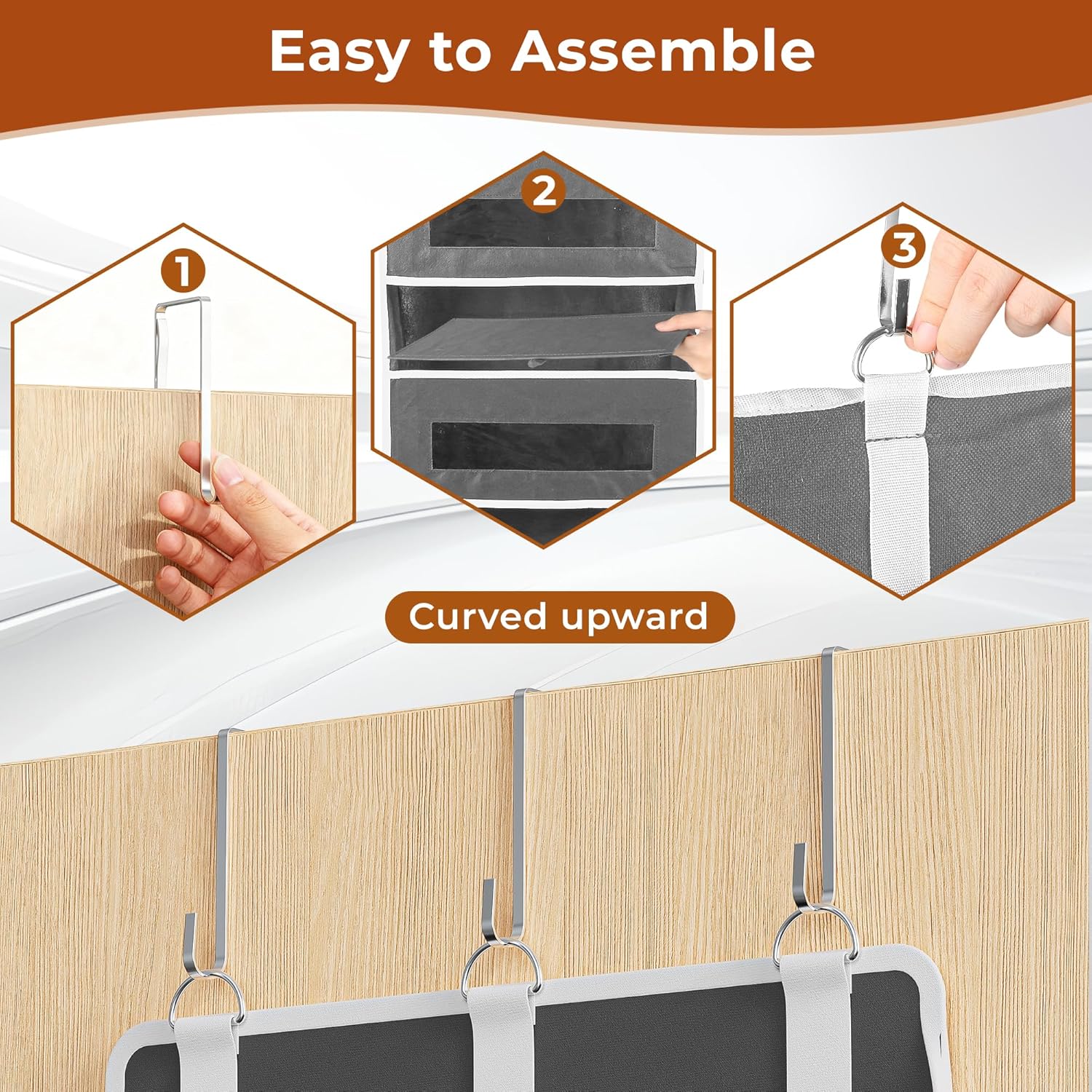 3 Packs 5-Tier Over the Door Storage Organizer with 10 Side Mesh Pockets, 48 lbs Load Capacity, 3 Hooks Design, Hanging Organizer with Clear Windows for Bathroom, Bedroom, Nursery, Kitchen-Grey