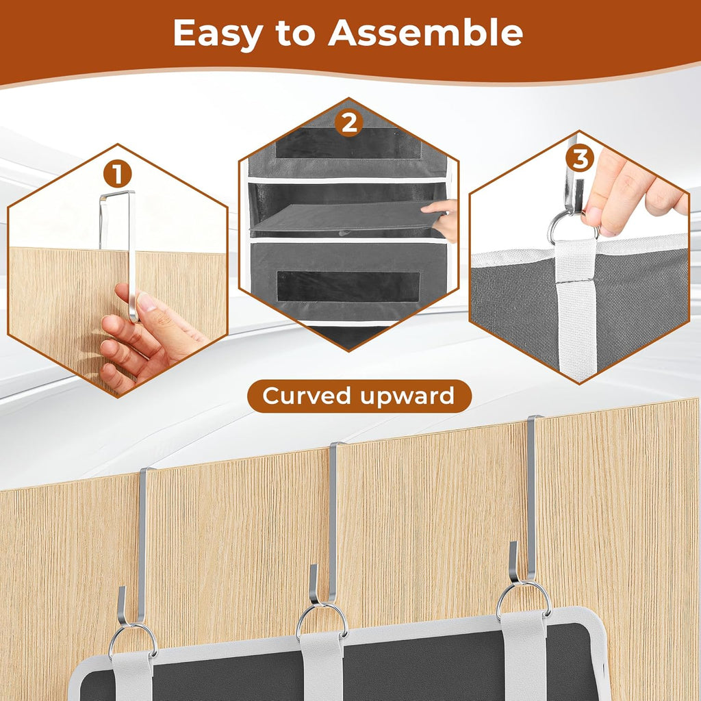 2 Packs 5-Tier Over the Door Organizer with 10 Side Mesh Pockets, 48 lbs Load Capacity, 3 Hooks Design, Hanging Storage Organizer with Clear Windows for Bathroom, Bedroom, Nursery, Kitchen-Grey