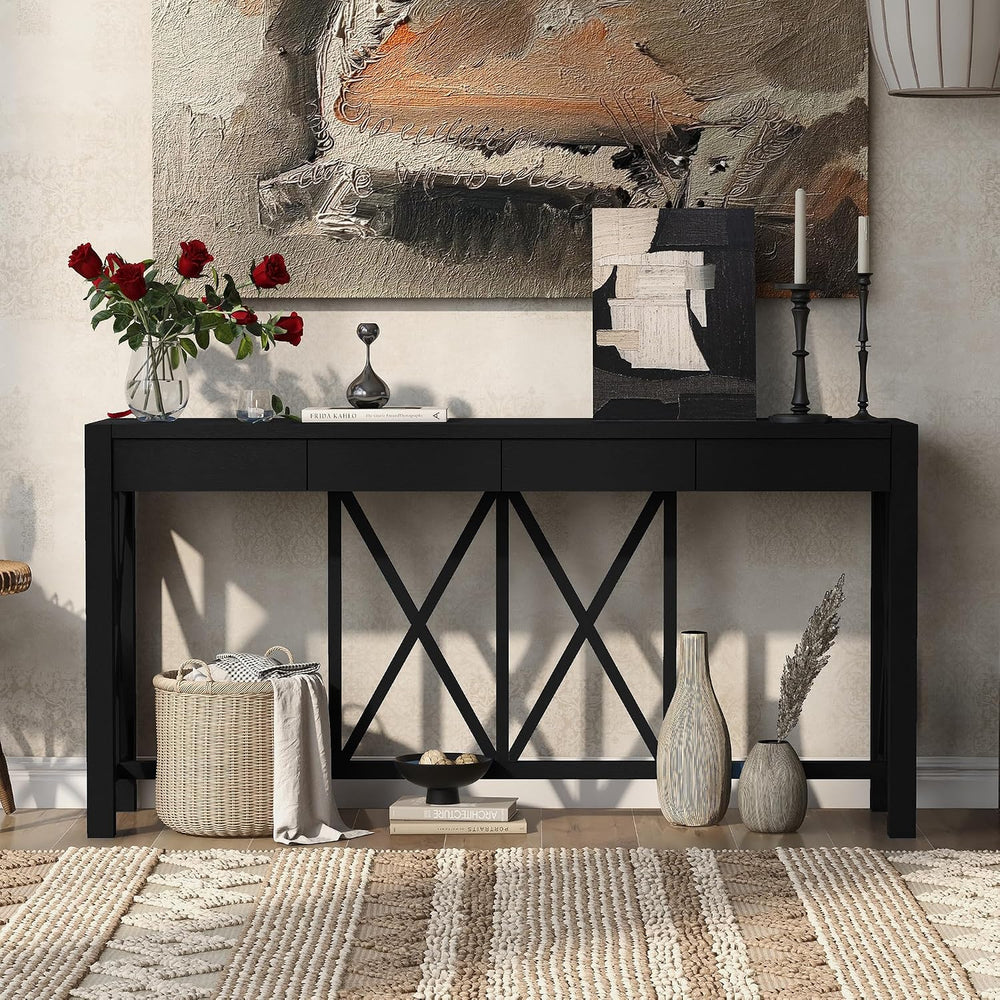 Farmhouse 60'' Console Table Sofa Table with 4 Spacious Drawers and O...