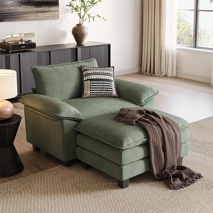 LINSY HOME Cloud Sofa Accent Chair with Ottoman Chaise Lounge Chair Indoor, Corduroy Couch Sofa Chair for Living Room Apartment Bedroom Office, Green