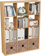 Cube Storage Organizer Bookcase, Decorative 11 inch Open Back Cubical Shelf with Thickened Border, Display Bookshelf for Living Room, Home Office, Sturdy Room (Natural Oak, 12 Cube)