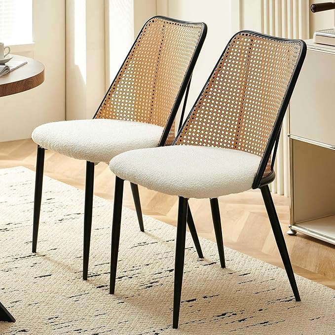 Dining Chairs Set of 2, Modern Mid Century Rattan Accent Chairs Curved Backrest Kitchen Side Chairs Woven Living Room Chairs Upholstered Boucle for Small Spaces, Apartment