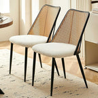 Dining Chairs Set of 2, Modern Mid Century Rattan Accent Chairs Curved Backrest Kitchen Side Chairs Woven Living Room Chairs Upholstered Boucle for Small Spaces, Apartment