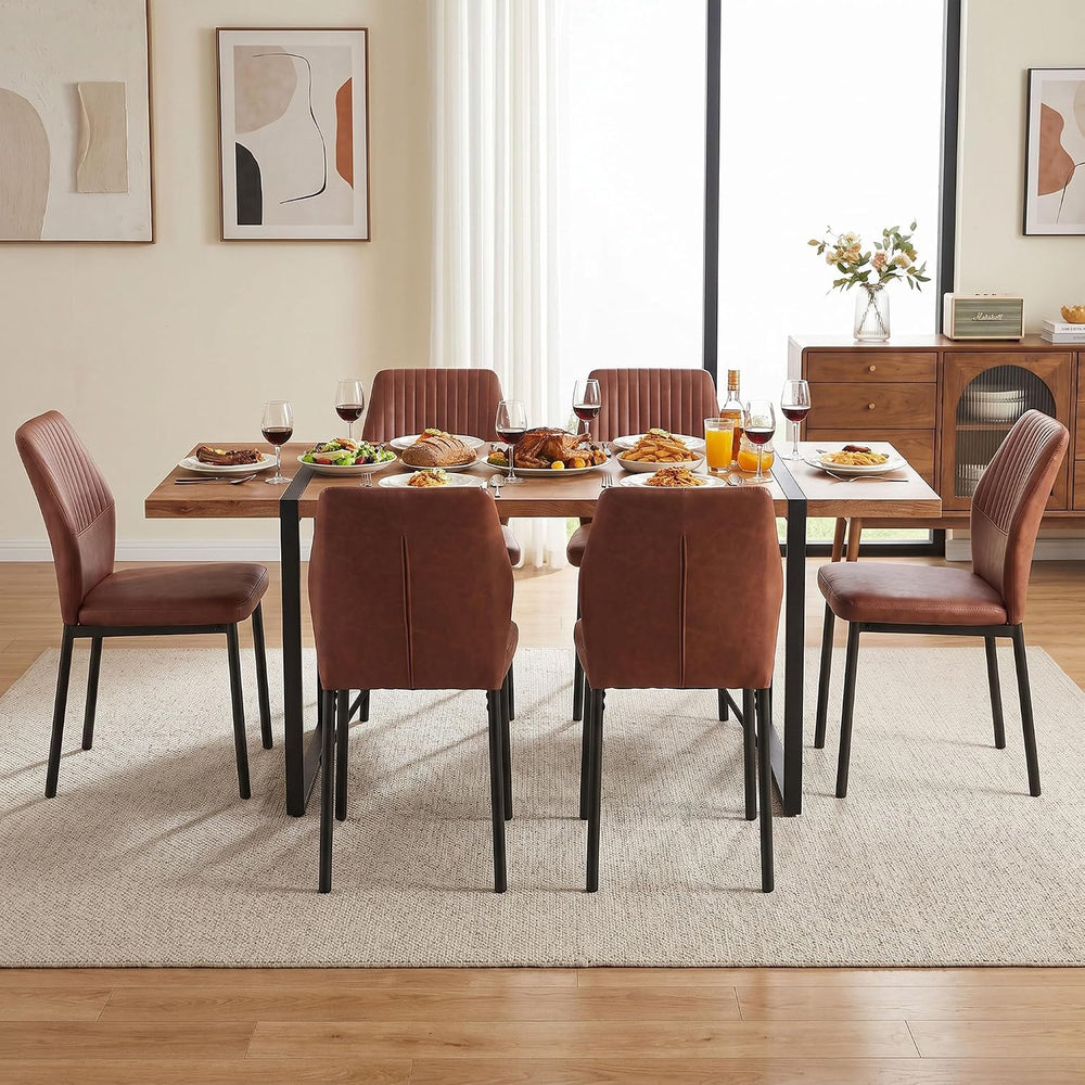 Dining Chairs Set of 6, Brown PU Leather Dining Chairs, Comfortable Upholster...
