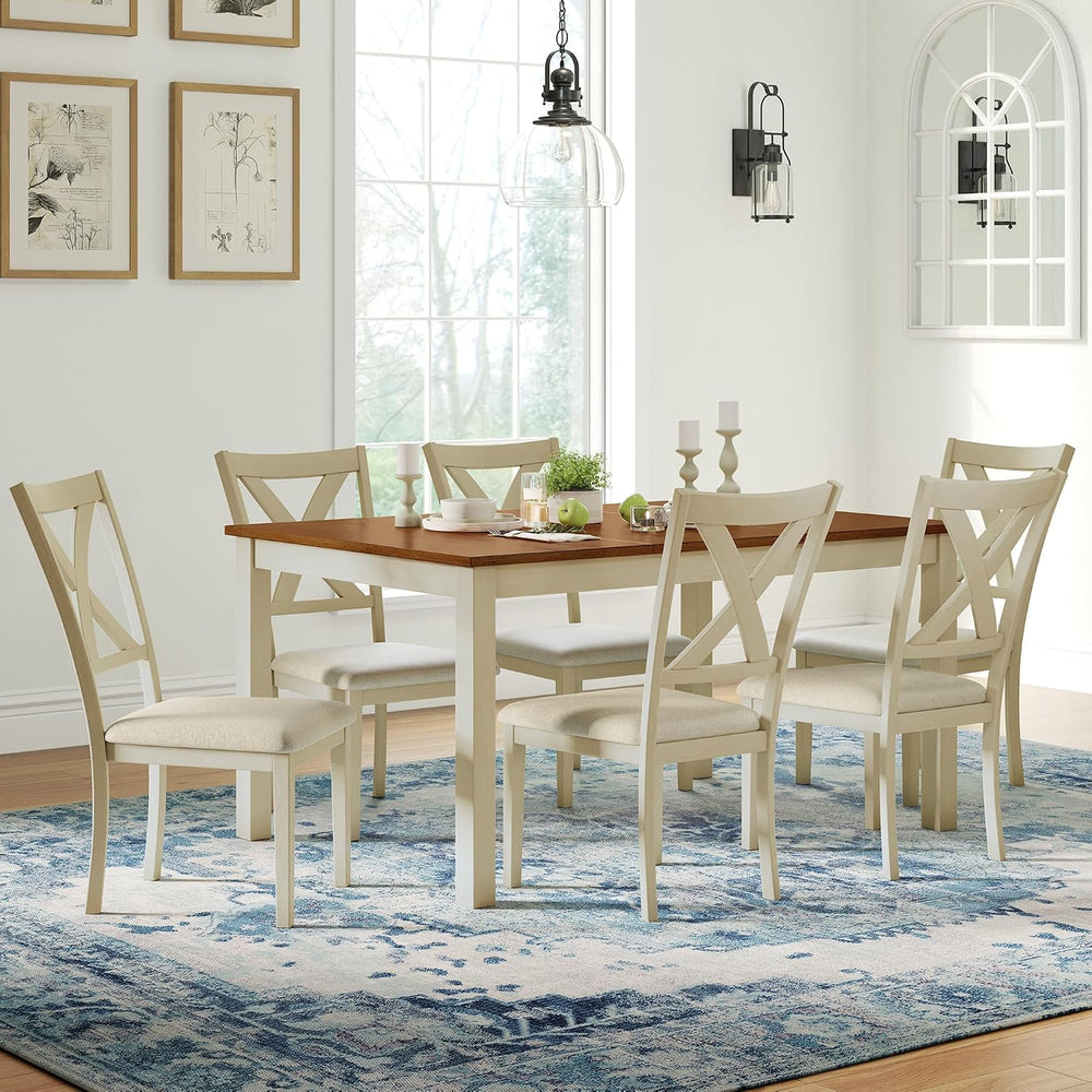 AMERLIFE 7-Piece Farmhouse Solid Wood Dining Table Set for 6, Rustic Cream | ...
