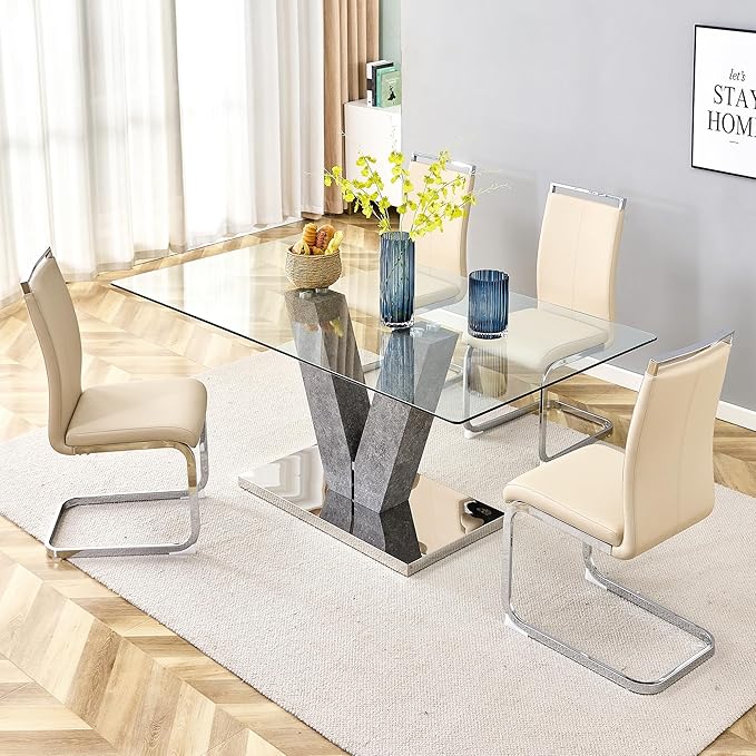AZmac Modern Leather Dining Chairs Set of 4,Armless Kitchen Chairs,Dining Room Chairs with Upholstered Padded Seat and Sturdy Chrome Legs for Dining Room,Kitchen (Set of 4, Beige)