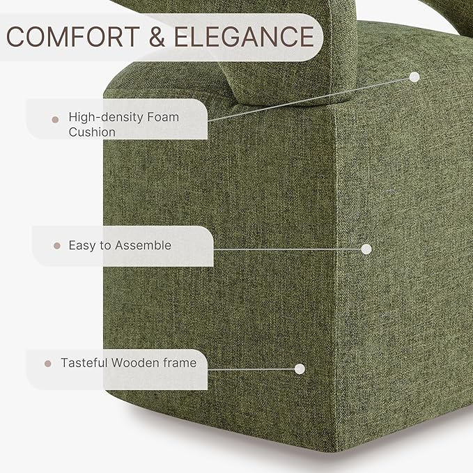 Upholstered Dining Chairs with Casters, Modern Barrel Side Armchair with Rollers for Dining Room, Bedroom, Kitchen, Reading Room, Green, Set of 1