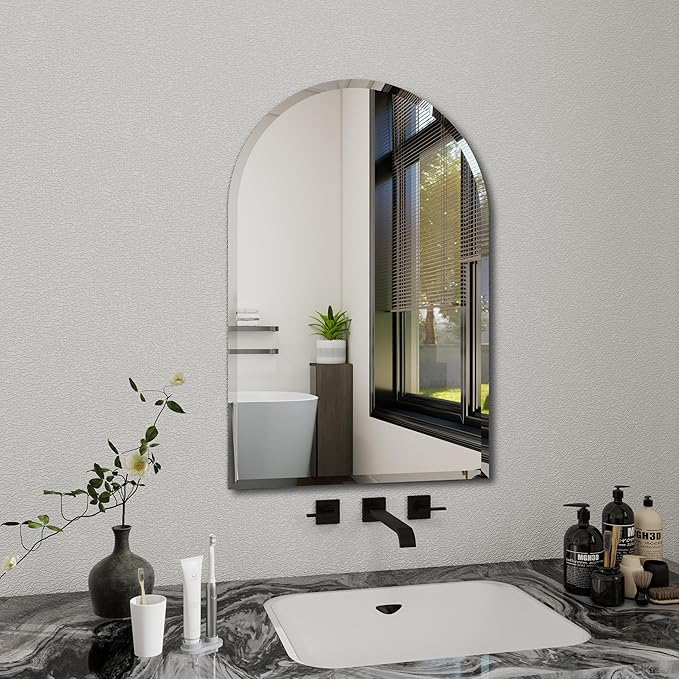 Arched Bathroom Mirror, 26X38 inch Arched Frameless Mirror, Arch Wall Mirror，Frameless Mirrors for Bathroom,Beveled Bathroom Mirror.