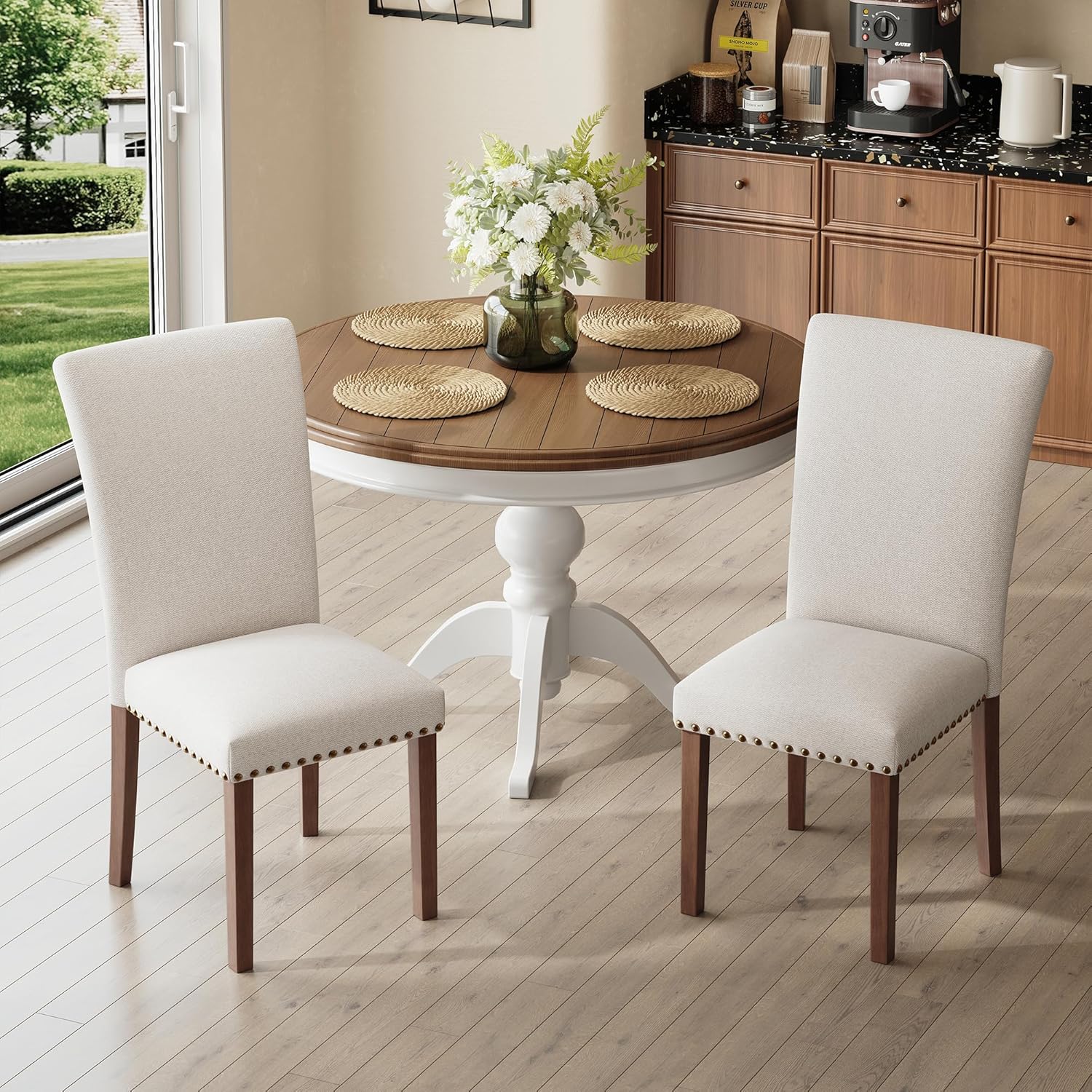 COLAMY Upholstered Parsons Dining Chairs Set of 2, Fabric Dining Room Kitchen Side Chair with Nailhead Trim and Wood Legs - Beige