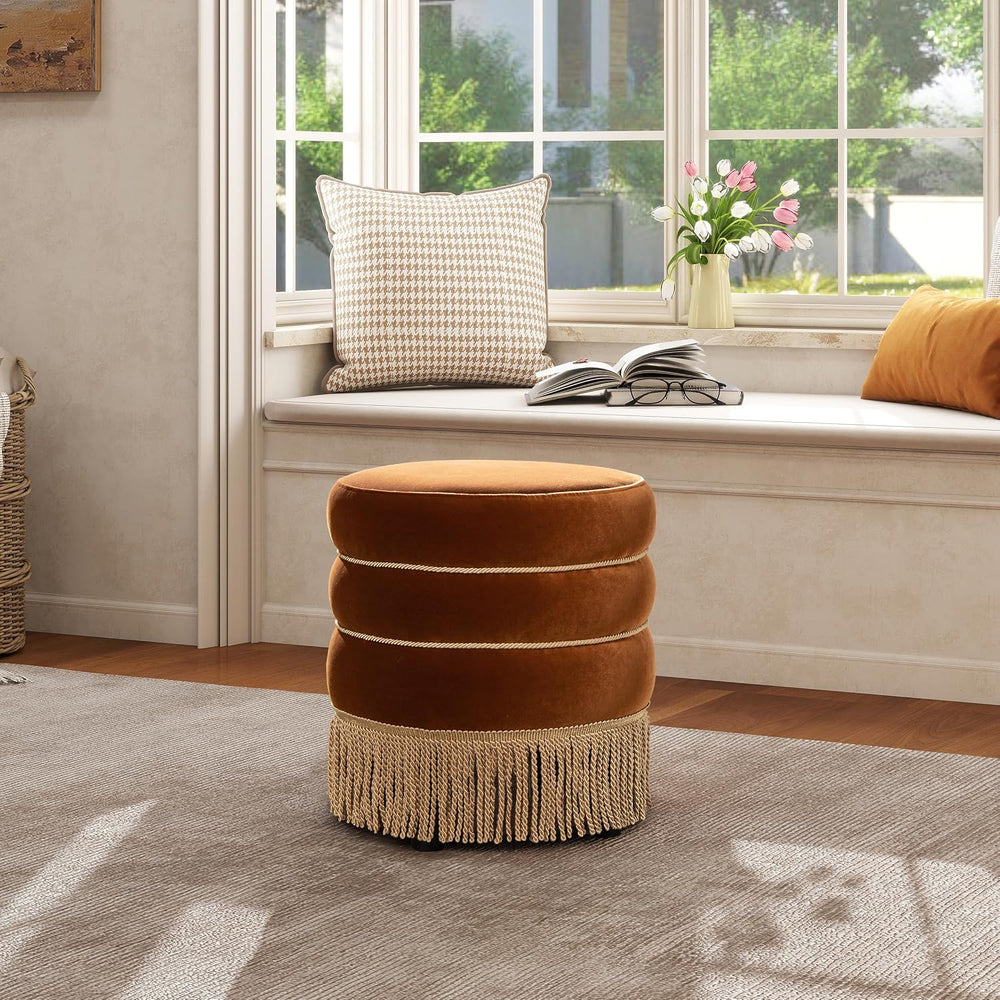 Edward Round Ottoman, Performance Velvet Ottoman, Burnt Orange Footrest with ...