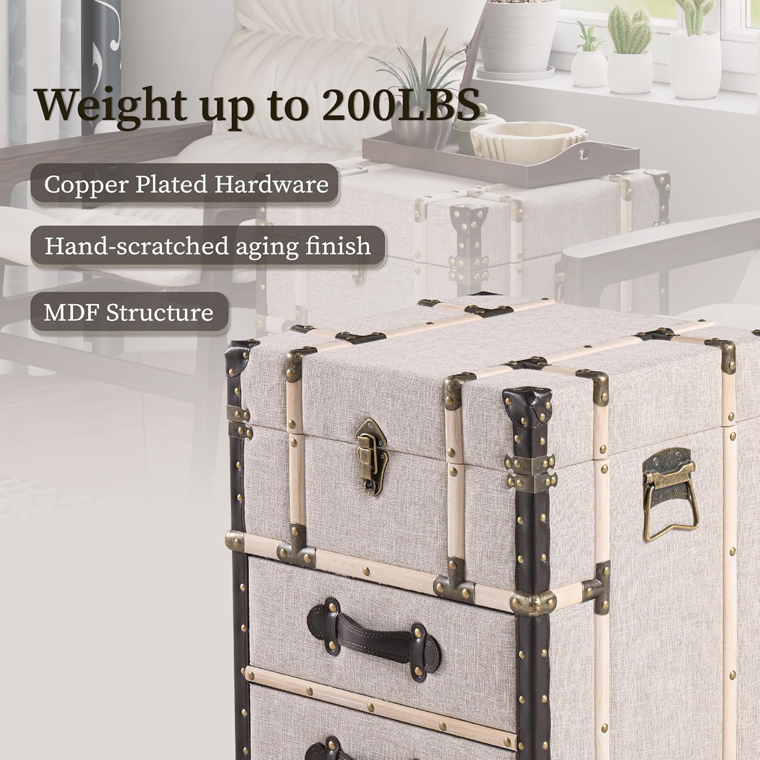 Aoikax Vintage Storage Chest with Buckle Hinged Top, Linen Accent End Side Table for Living Room, Office, Bedroom, Rectangle, Beige