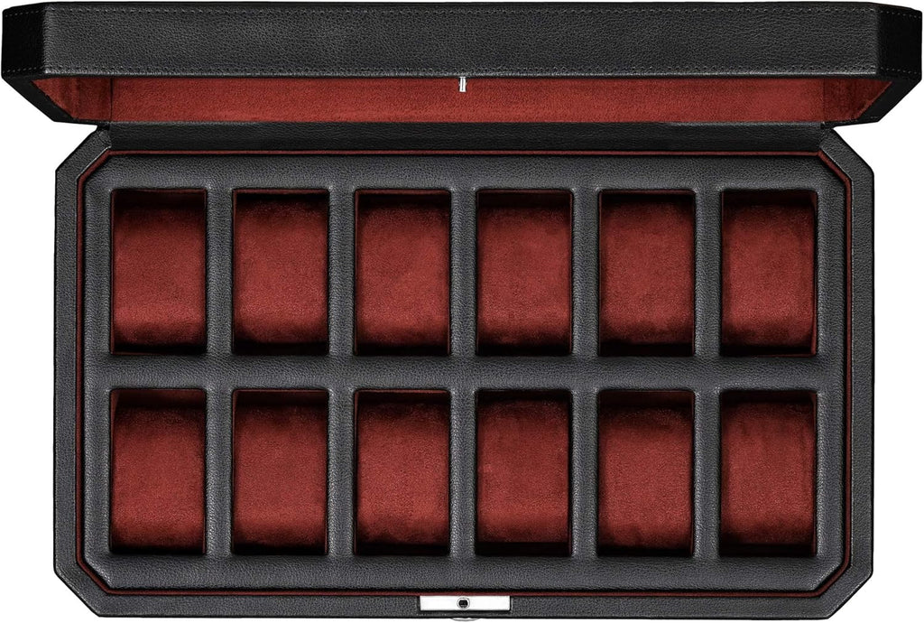 ROTHWELL 12 Slot Leather Watch Box for Men - Luxury Case Display Jewelry Organizer with Microsuede Liner - Travel Jewelry Case for Mens Accessories, Travel Organizer (Black & Red)