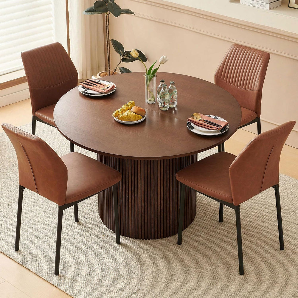 Dining Table Set for 4, 47" Wooden Round Kitchen Table with PU Leather C...
