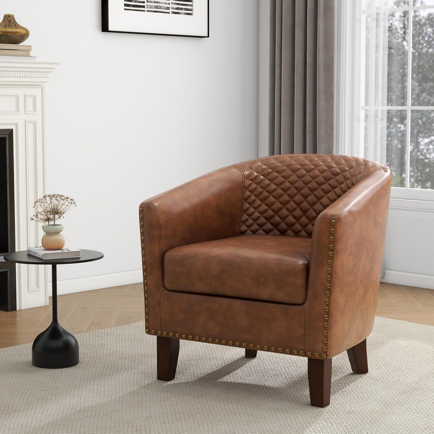 PU Leather Barrel Accent Chairs Set of 2, Modern Upholstered Armchair Round Club Chair for Living Room, Comfy Nailed Trim Arm Chair Bedroom Side Reading Seat - Brown