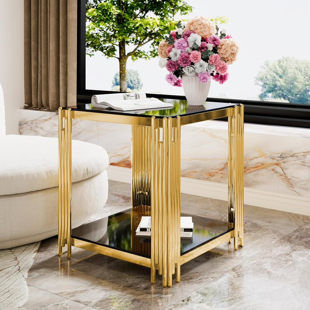 Black Mirror End Table for Living Room, Square,Asymmetrical Metal, Gold Lower...