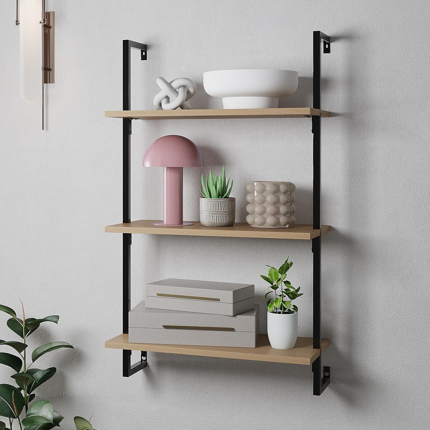 happimess MSH1000B Madera 40.55" Classic Industrial 3-Shelf Wood Wall-Mounted Open Ladder Bookcase with Metal Frame, Light Oak/Black