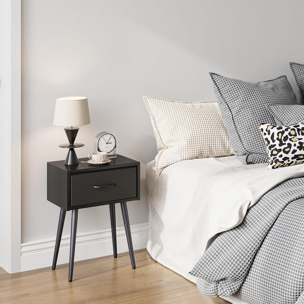 Small Black Nightstands Set of 2, Bedside Table with Fabric Drawer, Modern En...