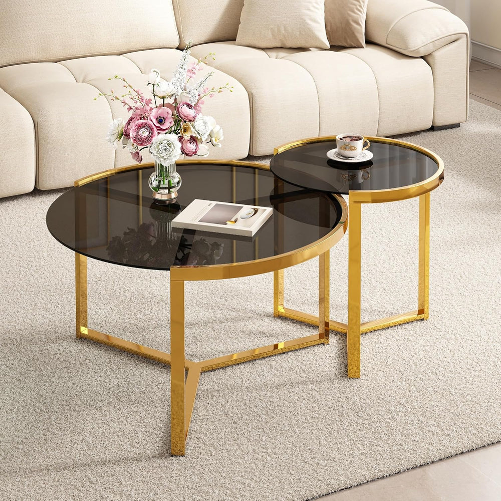 31.5" Gold Round Nesting Coffee Table Set of 2, Modern Tempered Glass Co...