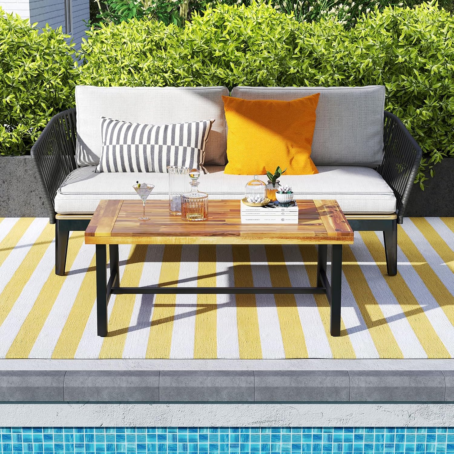 Tangkula Outdoor Acacia Wood Coffee Table, Rectangle Rustic Accent Table with Thickened Top & Heavy-Duty Metal Legs, for Patio, Deck, Garden, Natural