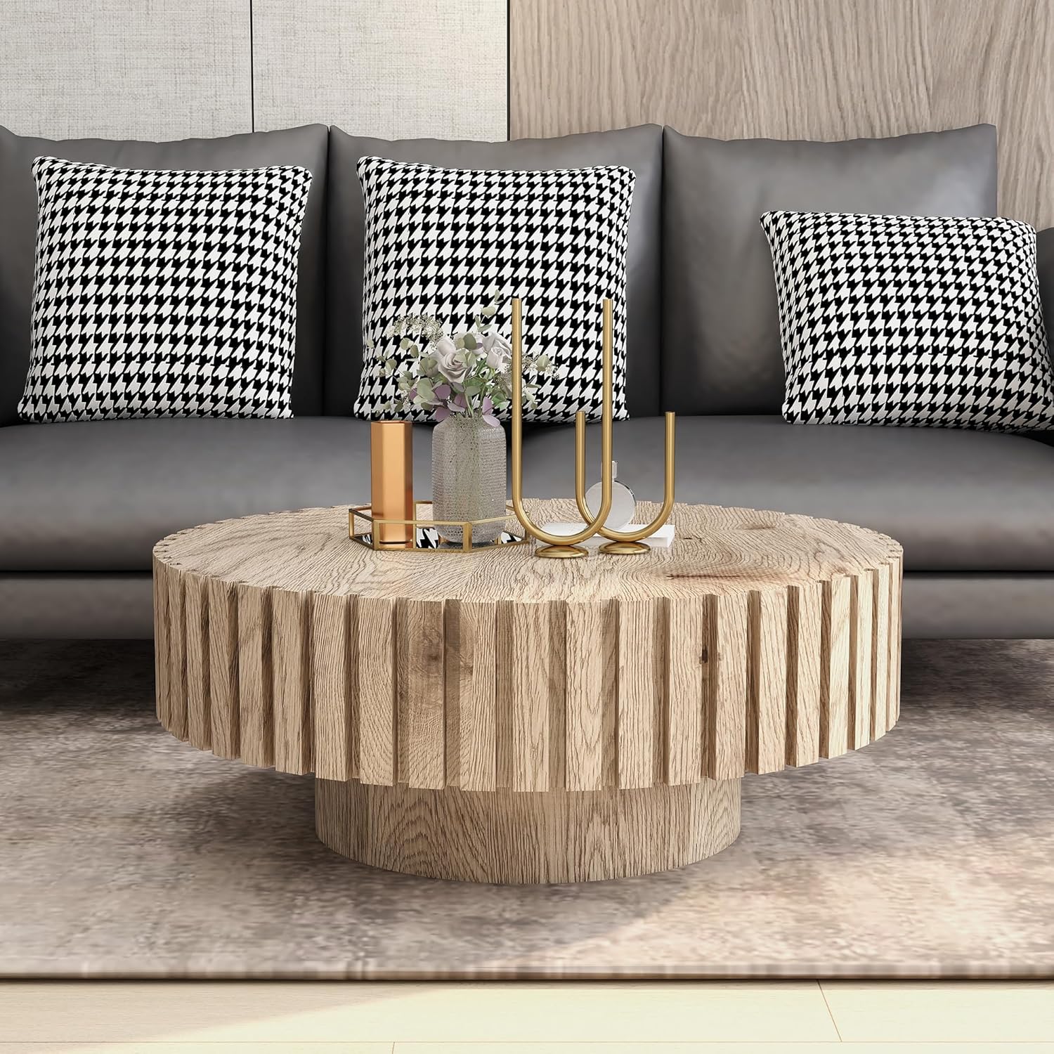 Round Wood Coffee Table for Living Room Modern Rustic Fluted Solid Wood Coffee Table Pedestal Center Table Circle Tea Tables for Apartment Easy Assembly(31.5''Oak Natural)