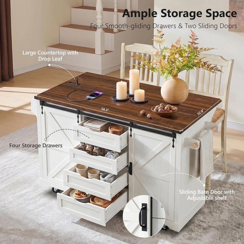 Merax 72" Farmhouse Rolling Kitchen Island with Drop Leaf, White | Coffe...