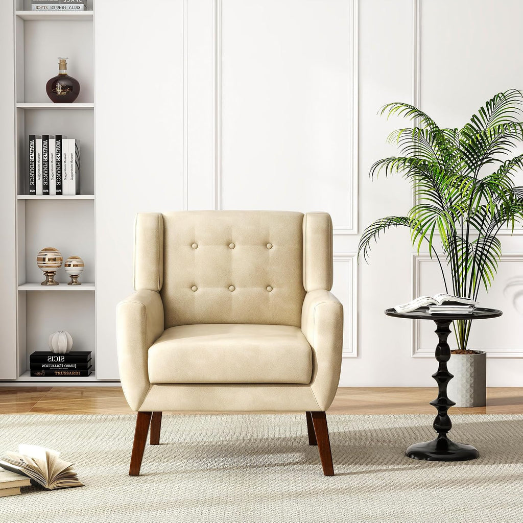PU Leather Accent Chairs Set of 2, Upholstered Armchair, Cream | Mid Century Modern Living Room Chair, Button Tufted Wingback Chair with Removable Cushion, Bedroom Side Reading Seat