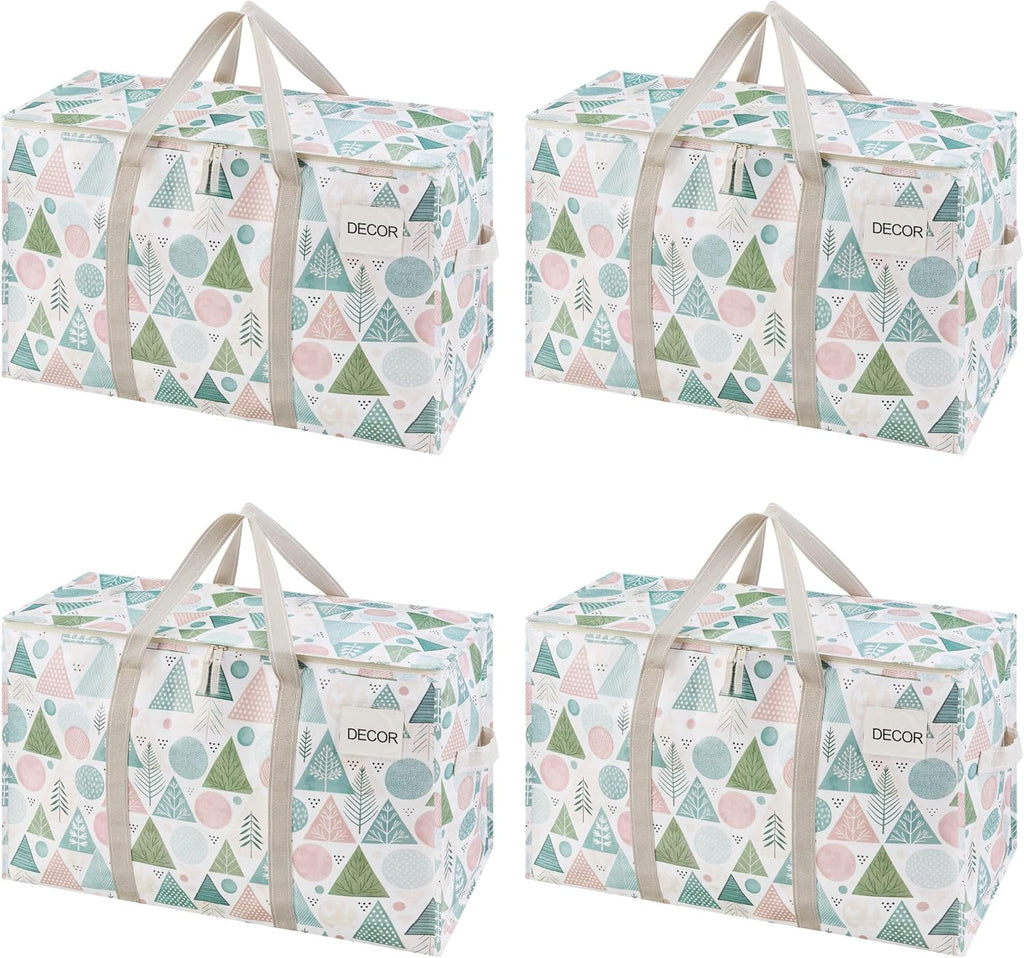 VENO 4 Pack Moving Bags and Large Christmas Storage Bins with lids. Alternative to Moving Boxes, Packing Supplies for College. Extra Large Heavy Duty Totes for Packaging (Pastel Forest, 4 Pack)