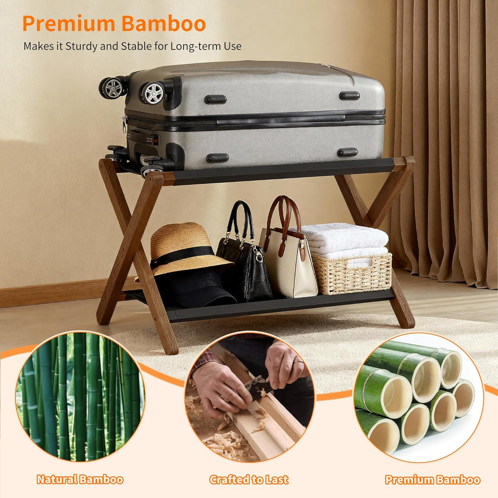 Heybly Luggage Rack, Folding Suitcase Stand with Storage Shelf, Luggage Holder with 5 Nylon Straps for Guest Room Bedroom Hotel, Walnut, HLR010WB1