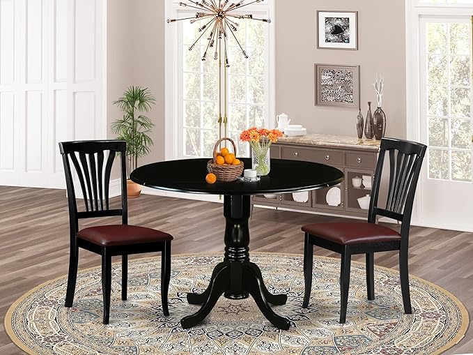 East West Furniture DLAV3-BLK-LC 3 Piece Dining Set Contains a Round Dining Room Table with Dropleaf and 2 Faux Leather Upholstered Kitchen Chairs, 42x42 Inch, Black