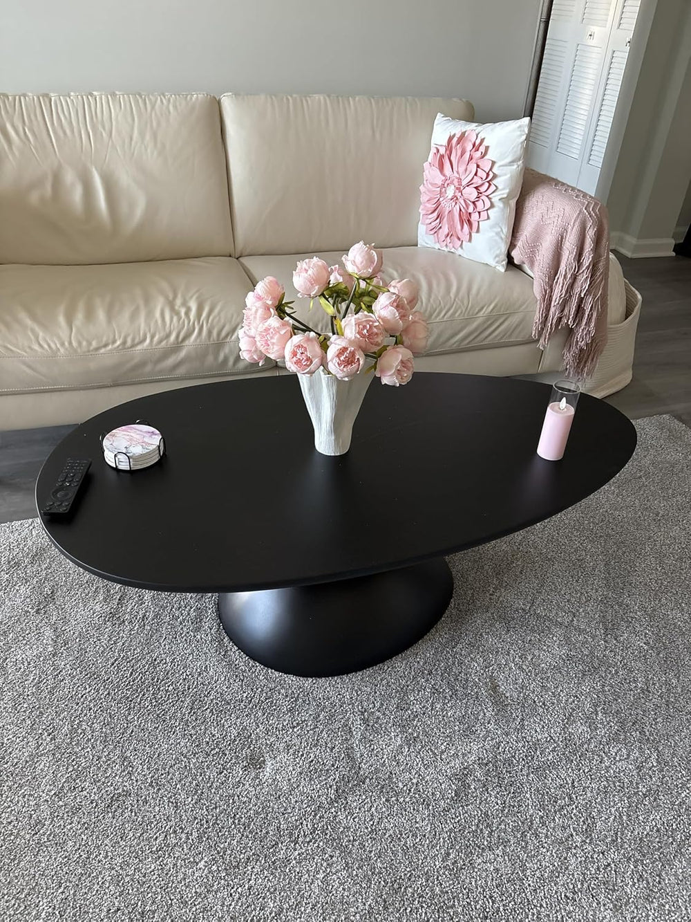 Coffee Table & 2 Side Tables Set, 47", Sculptural Base, Fiberglass, ...